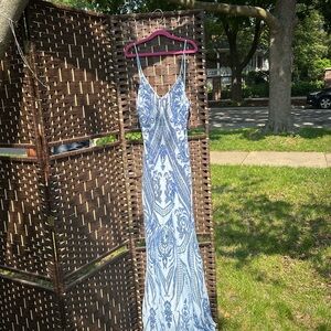 Lucy in the Sky Blue and White Spaghetti Strap Maxi Gown